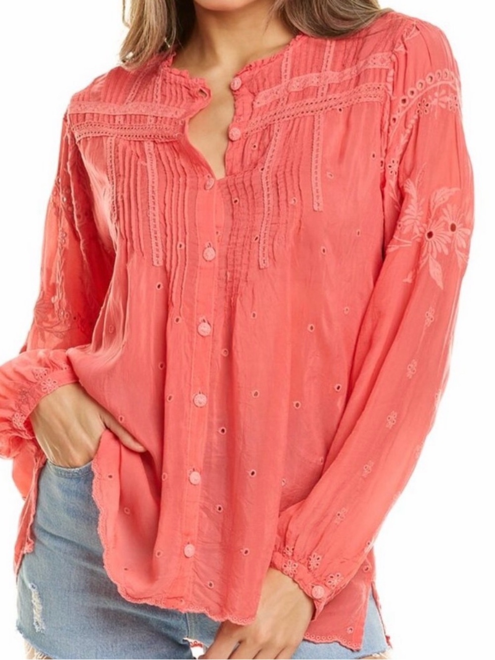 Johnny Was Helia Coral Button-Front Embroidered Peasant Top - Women #084